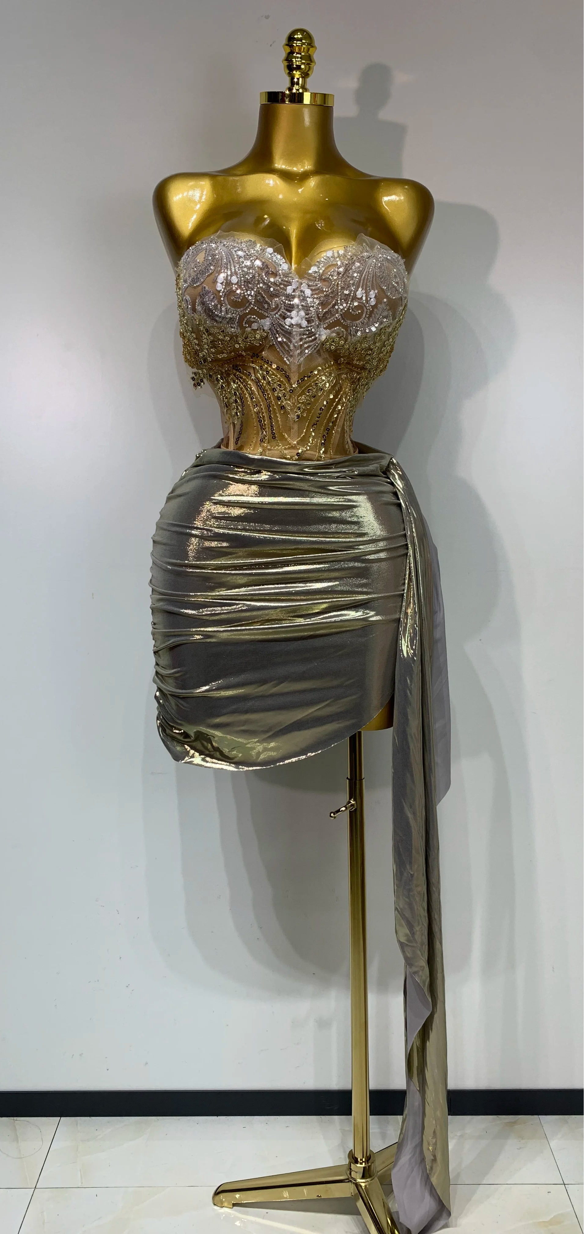 Women Sexy Strapless Sequins Rhinestone Gold Dress Glitter Two Pieces Sets Birthday Evening Party Night Club Singer Stage Outfit