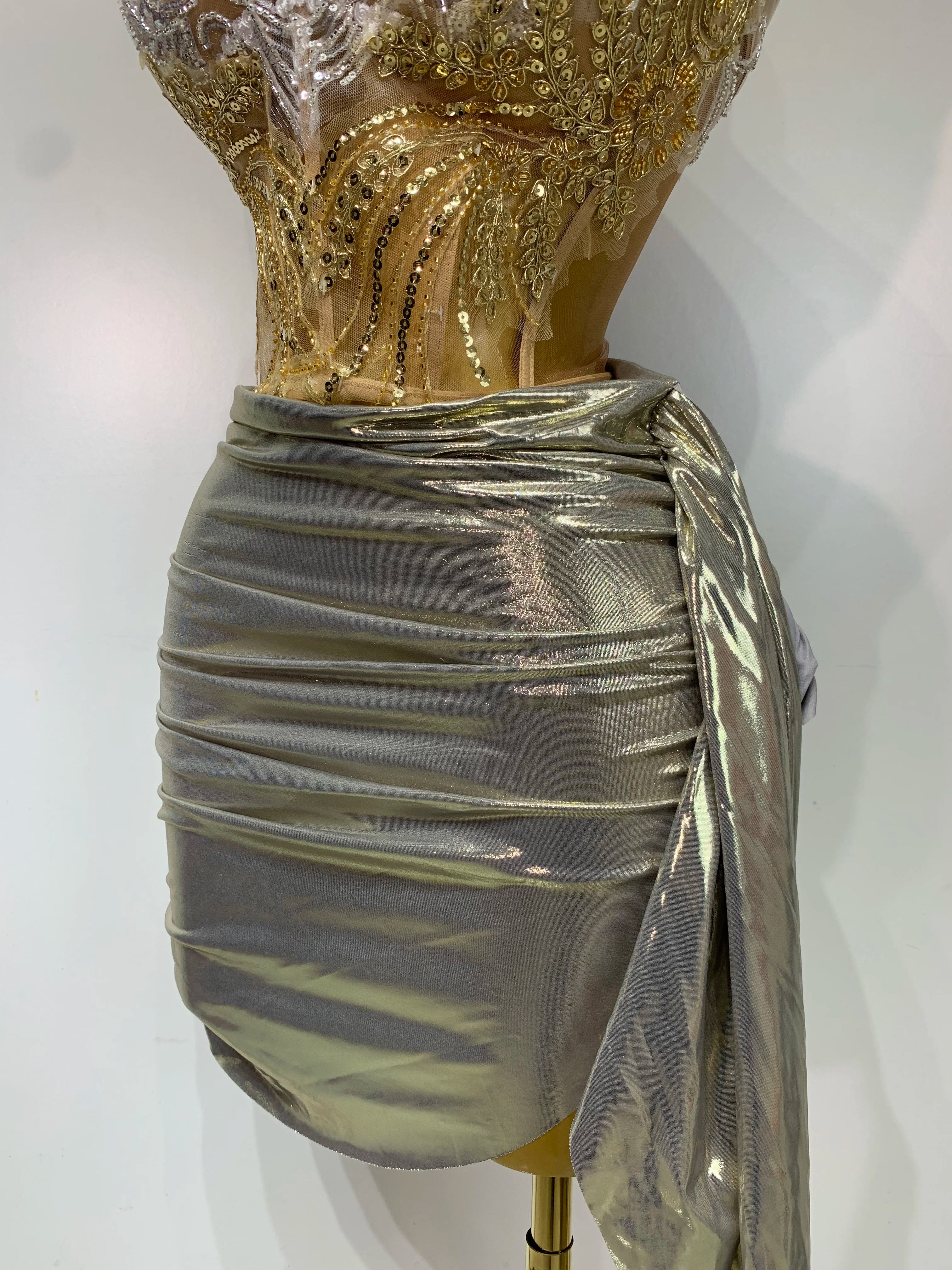Women Sexy Strapless Sequins Rhinestone Gold Dress Glitter Two Pieces Sets Birthday Evening Party Night Club Singer Stage Outfit