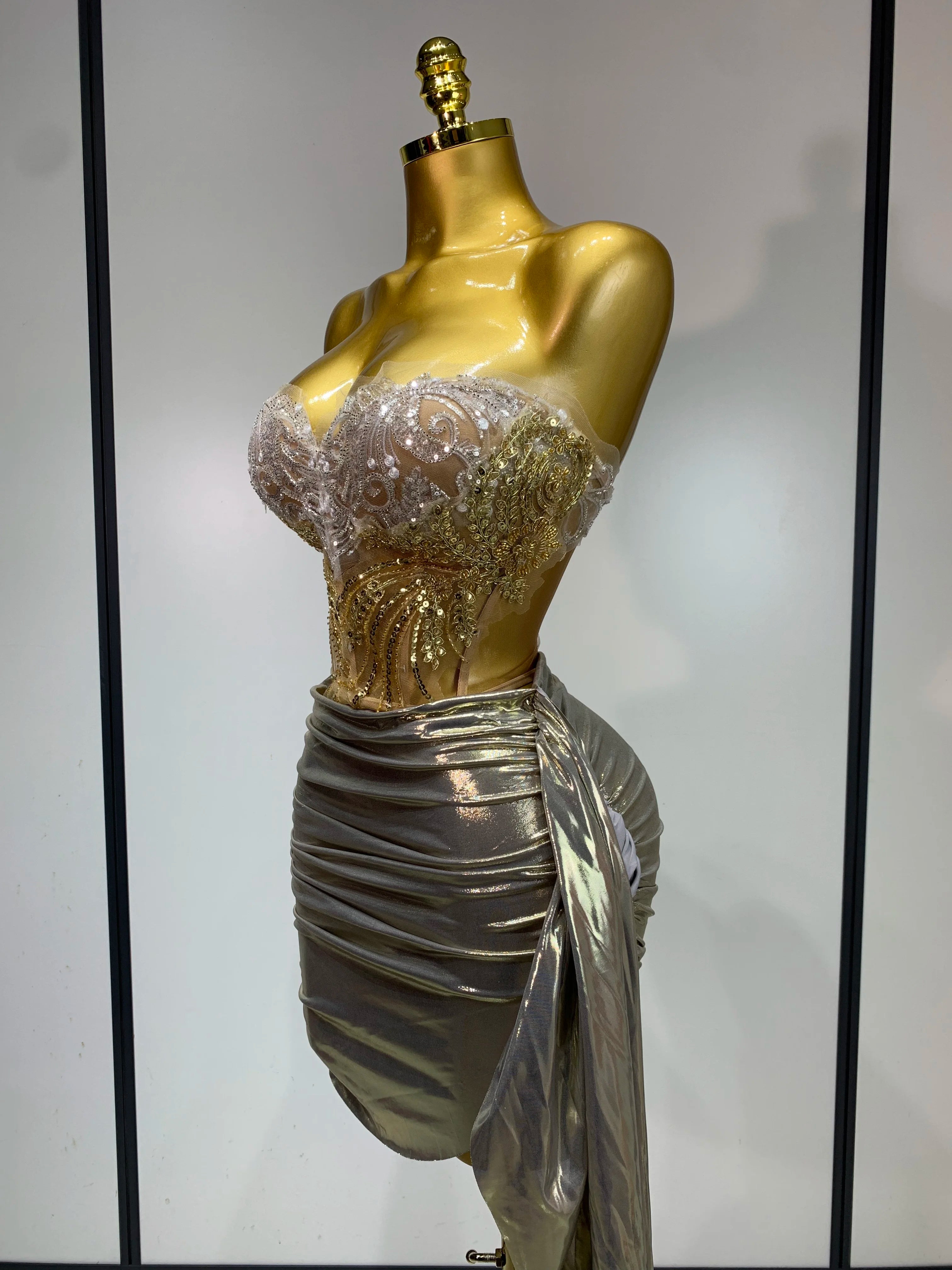 Women Sexy Strapless Sequins Rhinestone Gold Dress Glitter Two Pieces Sets Birthday Evening Party Night Club Singer Stage Outfit