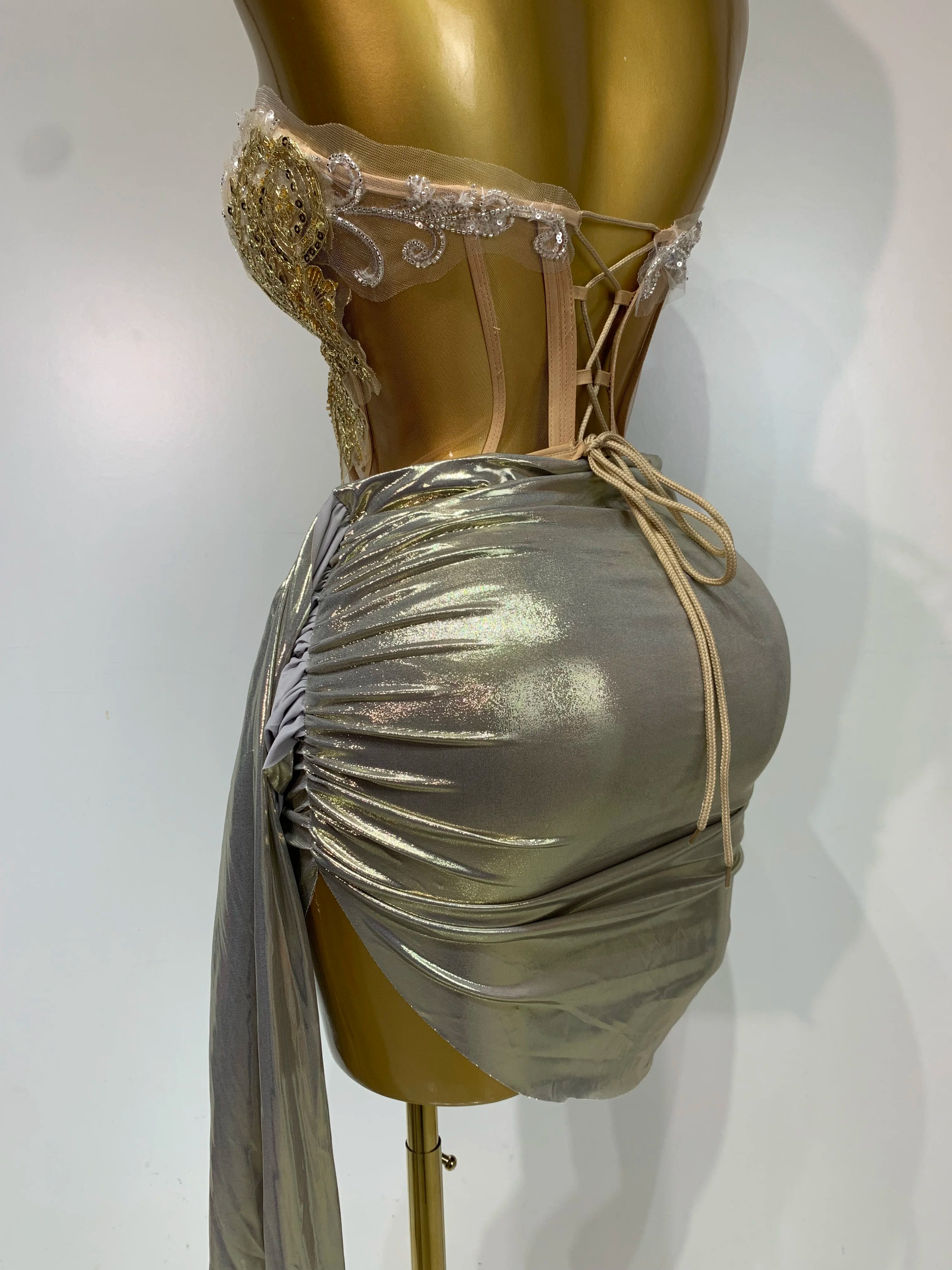 Women Sexy Strapless Sequins Rhinestone Gold Dress Glitter Two Pieces Sets Birthday Evening Party Night Club Singer Stage Outfit