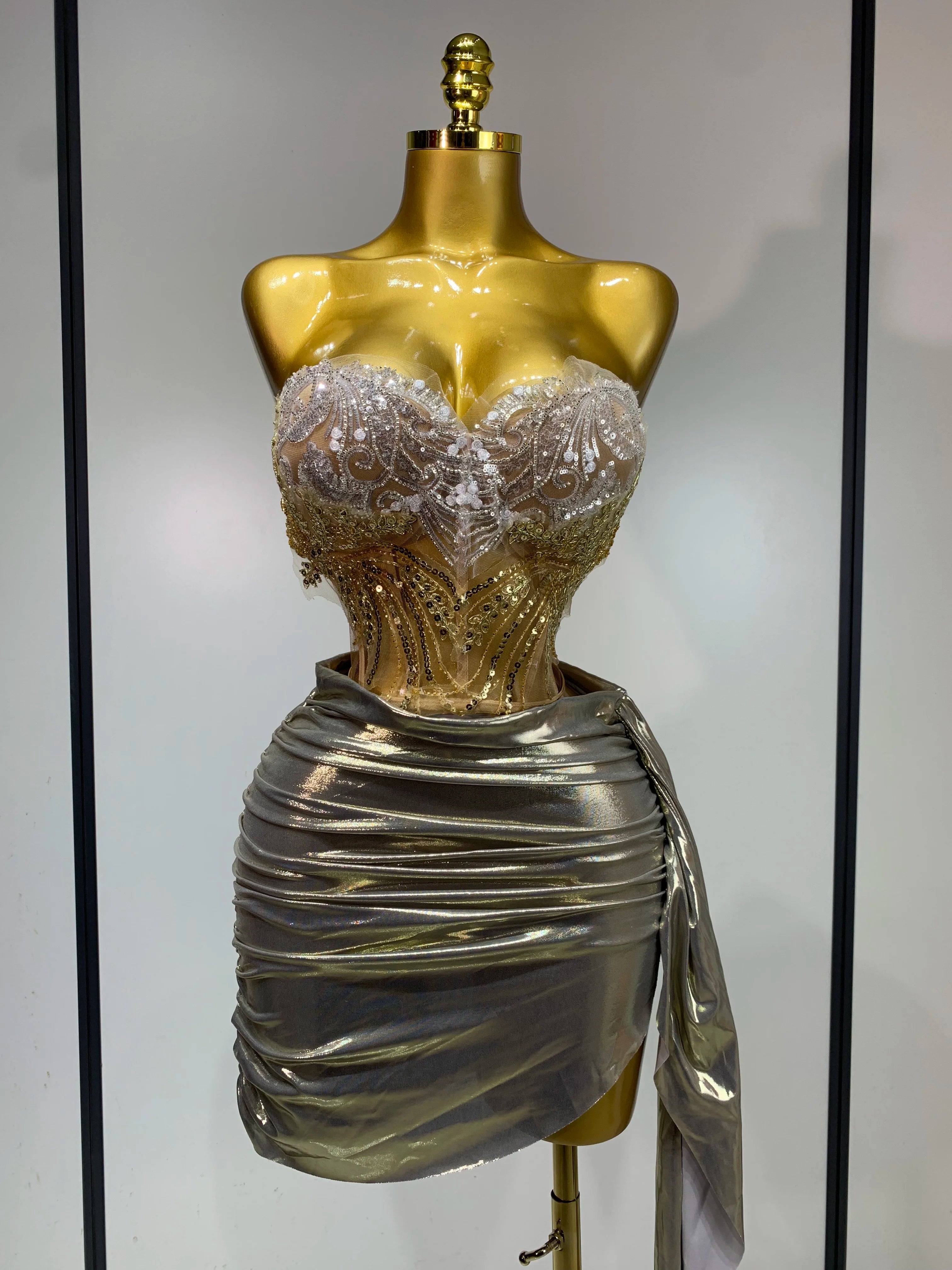 Women Sexy Strapless Sequins Rhinestone Gold Dress Glitter Two Pieces Sets Birthday Evening Party Night Club Singer Stage Outfit
