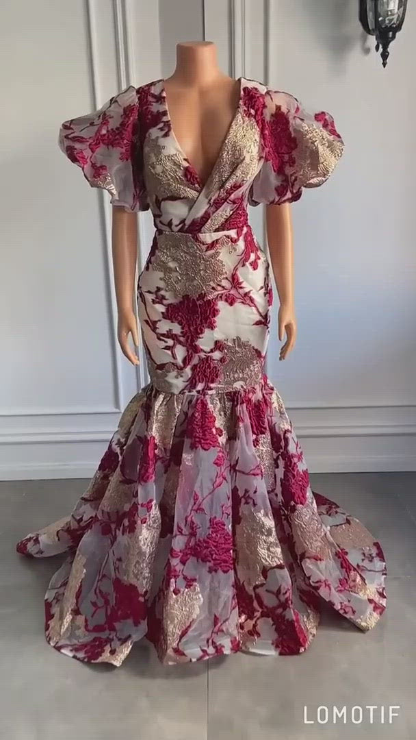 Luxury Long Arabic Evening Dresses 2022 Puffy Short Sleeve Mermaid Gold And Burgundy African Women Party Formal Gowns