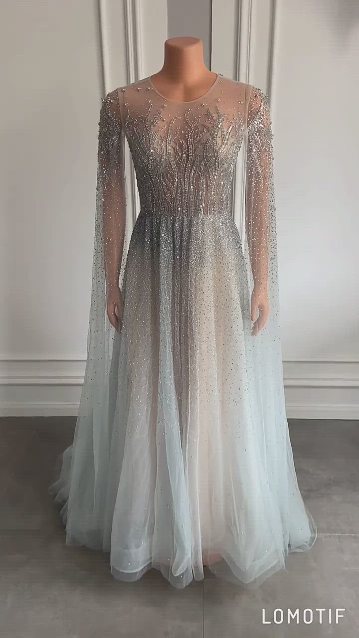 long Sparkly Beaded Sheer Back Women Silver Tulle Formal Evening Gowns