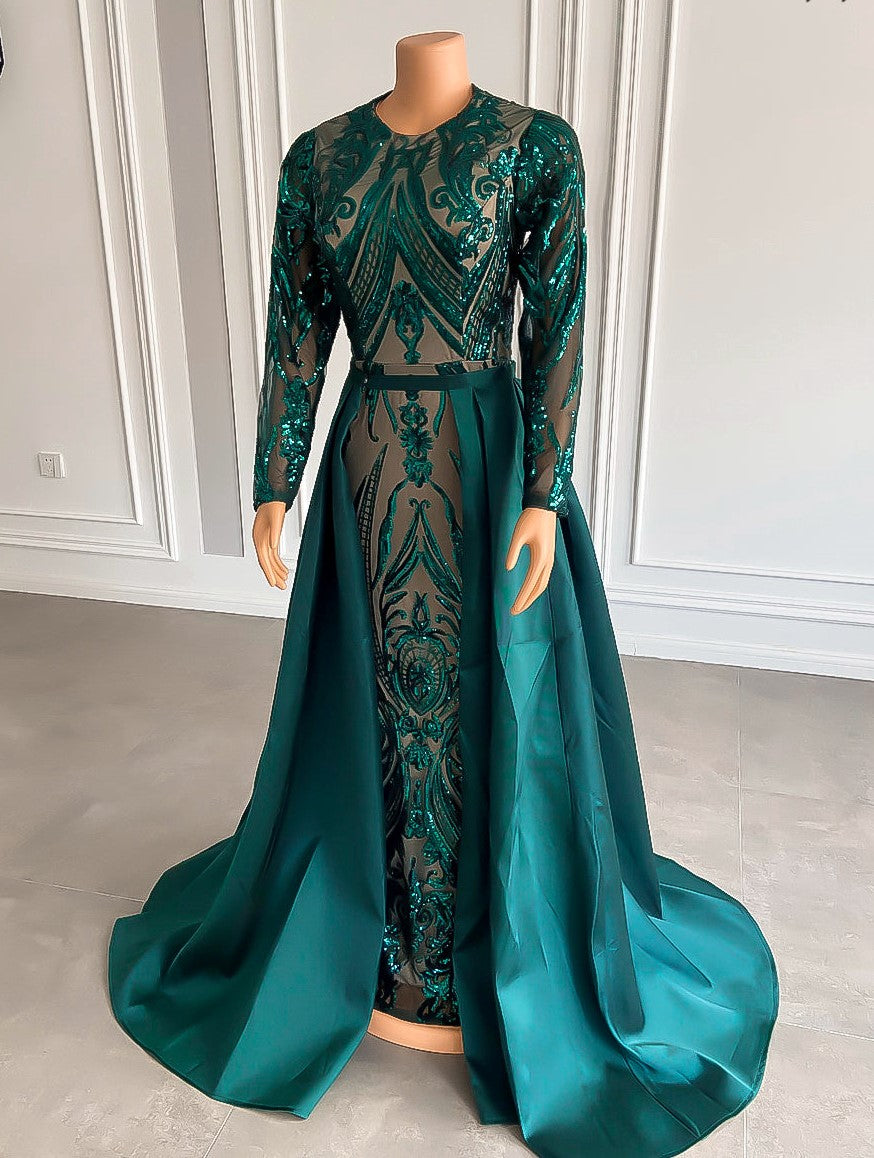 Long Sleeve Emerald Green Evening Dresses  O-neck Straight Sequined  Detachable Train Formal Evening Gowns