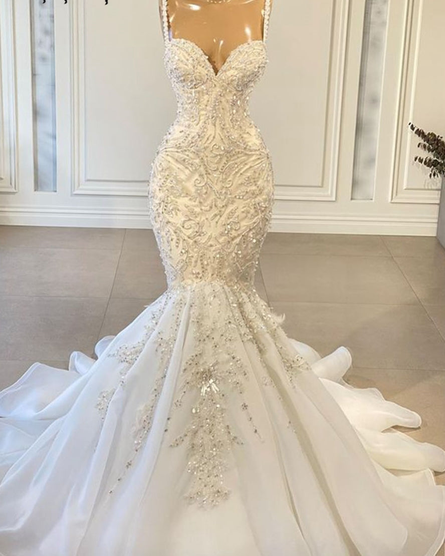 Luxury Mermaid African Women Wedding Dresses 2022 Beaded Embroidery Sexy White Vinatge Lace Organza Bridal Wedding Gowns