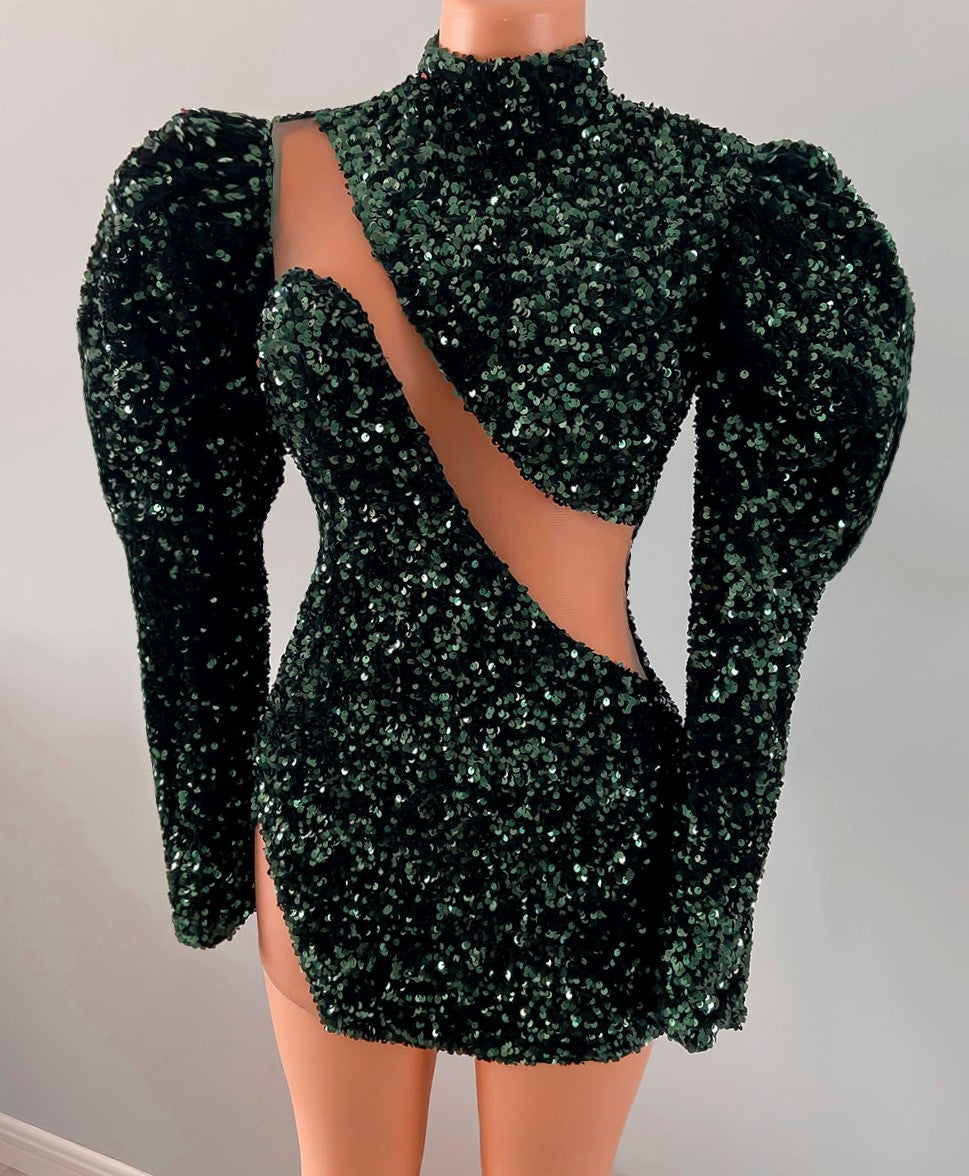 Sparkly High Neck Long Sleeve African Black Girls Emerald Green Sequined Short Prom Dresses 2022