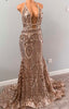 Sparkly Long Prom Dresses 2022 Sexy Mermaid Halter Rose Gold  Floor Length Party Prom Gowns