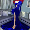 Long Sleeve Beaded Sexy High Slit Royal Blue Velvet  Mermaid