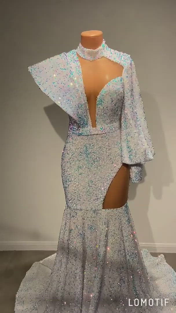 Stunning Long Sleeve High Neck Sexy Mermaid Style White Sparkly Velvet Sequin dress.