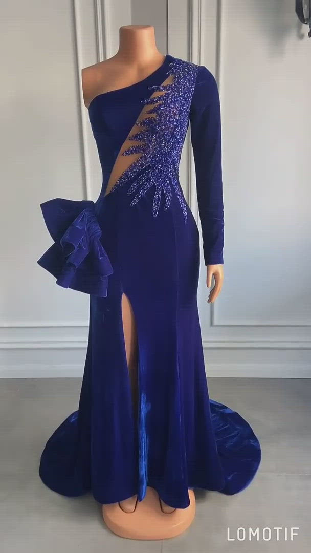 Long Sleeve Beaded Sexy High Slit Royal Blue Velvet  Mermaid