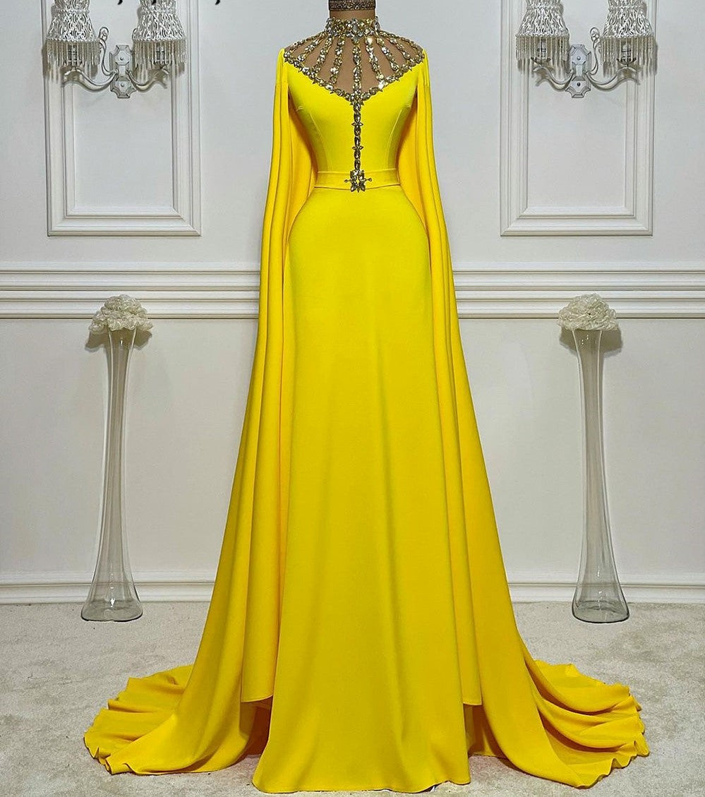 Long Evening Dresses Exquisite Crystals Beaded High Neck Yellow Straight Chiffon Women Party Gowns