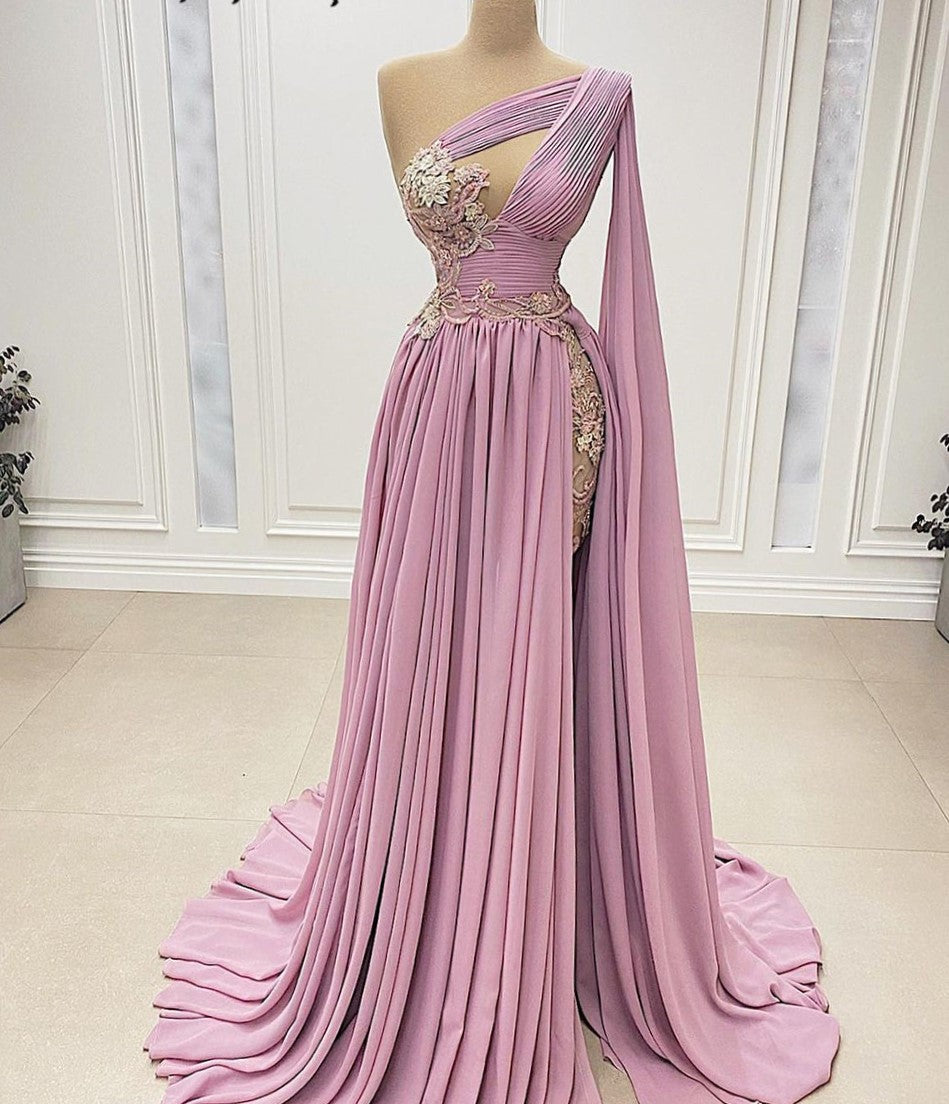 Pink Long Evening Dresses , Stunning Asymmetrical Neck Pleated Beaded Appliques Chiffon A-line Women Formal Gowns