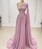 Pink Long Evening Dresses , Stunning Asymmetrical Neck Pleated Beaded Appliques Chiffon A-line Women Formal Gowns