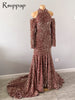 Long Sparkly Prom Dresses 2022 High Neck Mermaid Long Sleeve Sequined Sexy Royal Blue Girls Prom Gala Prom Gowns