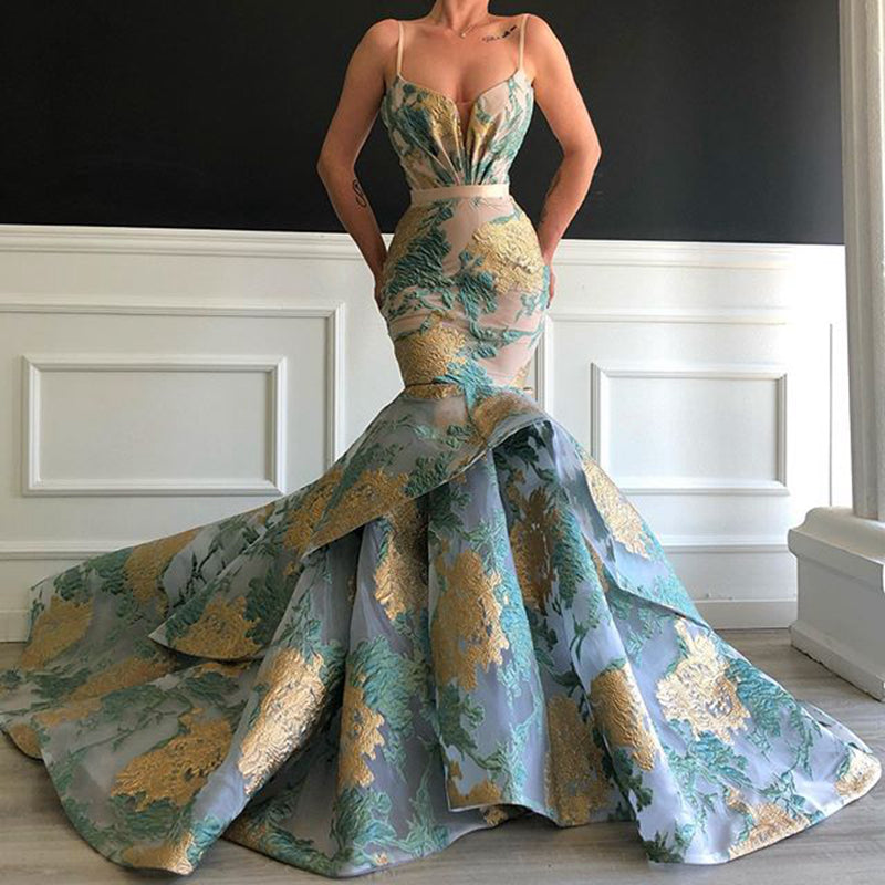 Long Elegant Arabic Women Evening Dress 2022 Sexy Mermaid Spaghetti Strap Floral Print Dubai Formal Evening Gowns