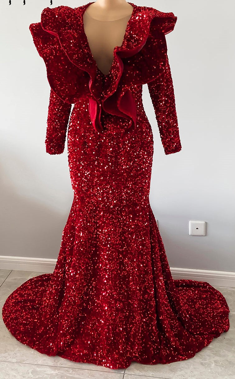 Long Sparkly Prom Dresses 2022 Real V-neck Sleeveless Mermaid Ruffles Burgundy Sequin Prom Dress
