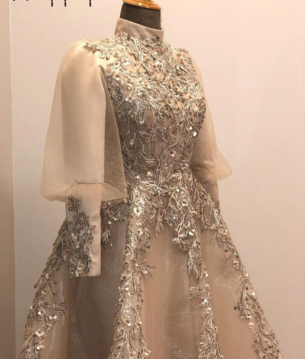New Arrival Long Sleeve Evening Dresses 2022 High Neck Beaded Embroidery Dark Champagne Organza Dubai Women Muslim Formal Gowns