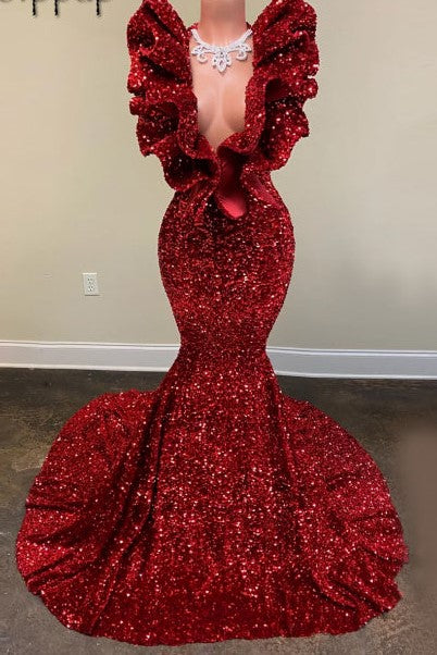 Long Sparkly Prom Dresses 2022 Real V-neck Sleeveless Mermaid Ruffles Burgundy Sequin Prom Dress
