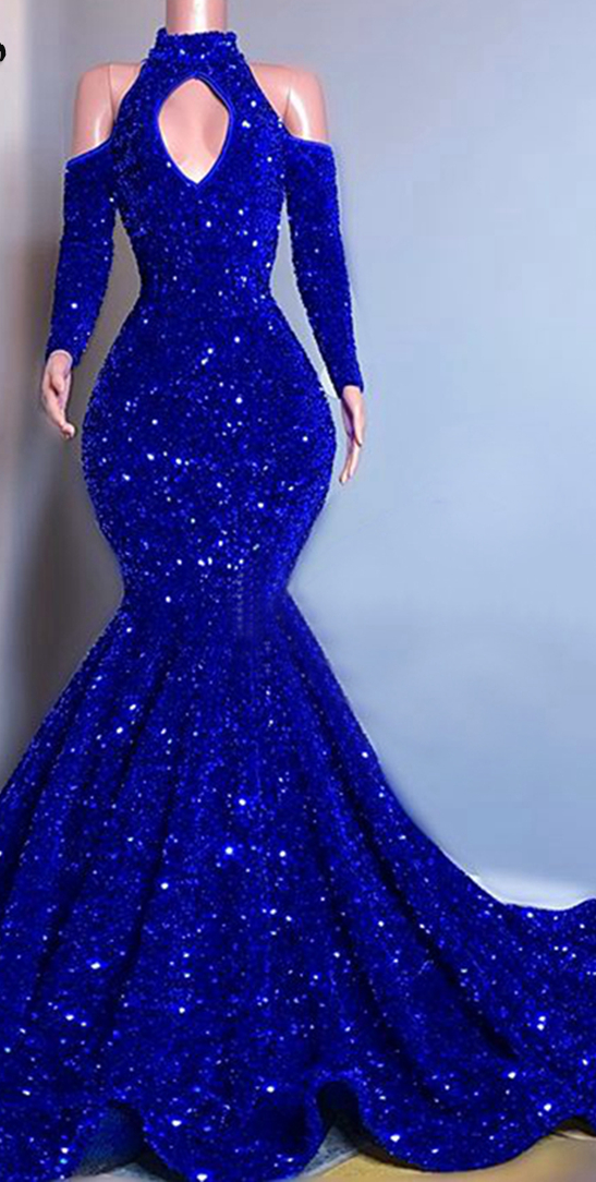 Long Sparkly Prom Dresses 2022 High Neck Mermaid Long Sleeve Sequined Sexy Royal Blue Girls Prom Gala Prom Gowns