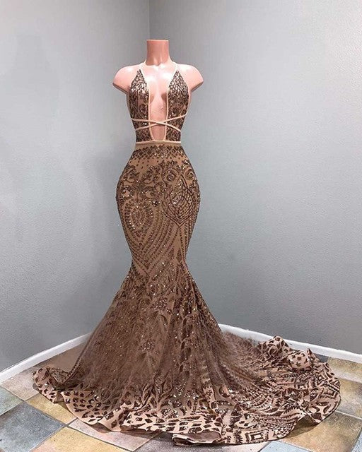 Sparkly Long Prom Dresses 2022 Sexy Mermaid Halter Rose Gold  Floor Length Party Prom Gowns
