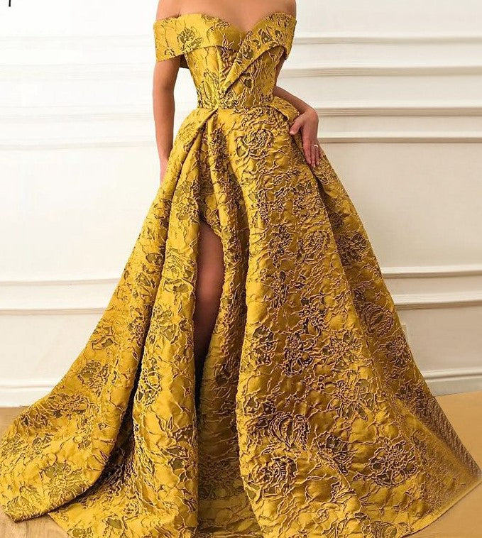 Long Evening Dresses Elegant Cap Sleeve High Quality V-neck Sexy High Slit Gold Formal Gown