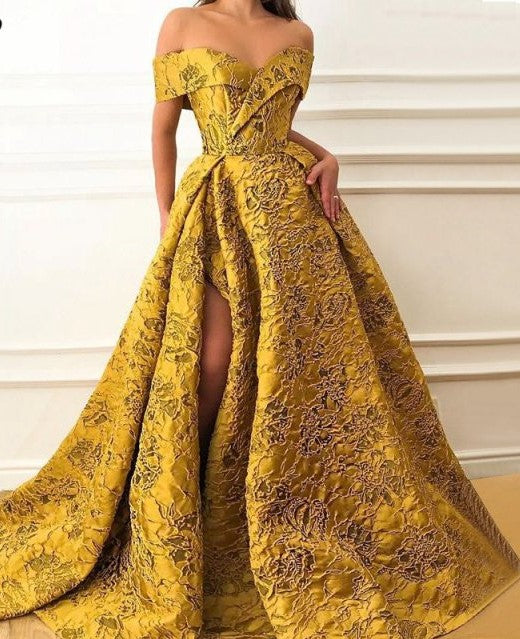 Long Evening Dresses 2022 Elegant Cap Sleeve High Quality V-neck Sexy High Slit Saudi Arabia Gold Formal Gown