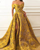 Long Evening Dresses 2022 Elegant Cap Sleeve High Quality V-neck Sexy High Slit Saudi Arabia Gold Formal Gown