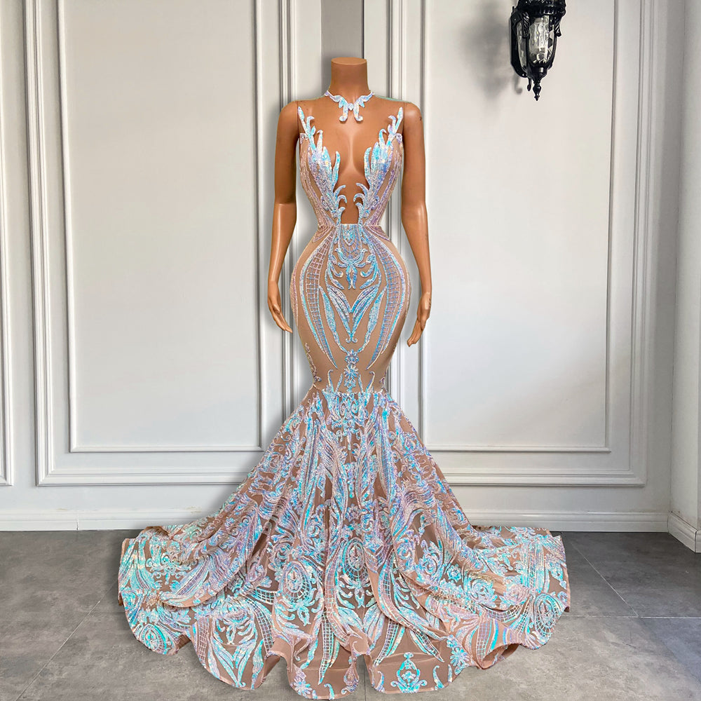 Long Sparkly Prom Dresses Sheer O-neck Mermaid Prom Gala Gowns, Wedding Dress and Evening Dress.