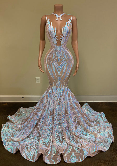 Long Sparkly Prom Dresses Sheer O-neck Mermaid Prom Gala Gowns, Wedding Dress and Evening Dress.