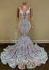 Long Sparkly Prom Dresses Sheer O-neck Mermaid Prom Gala Gowns, Wedding Dress and Evening Dress.