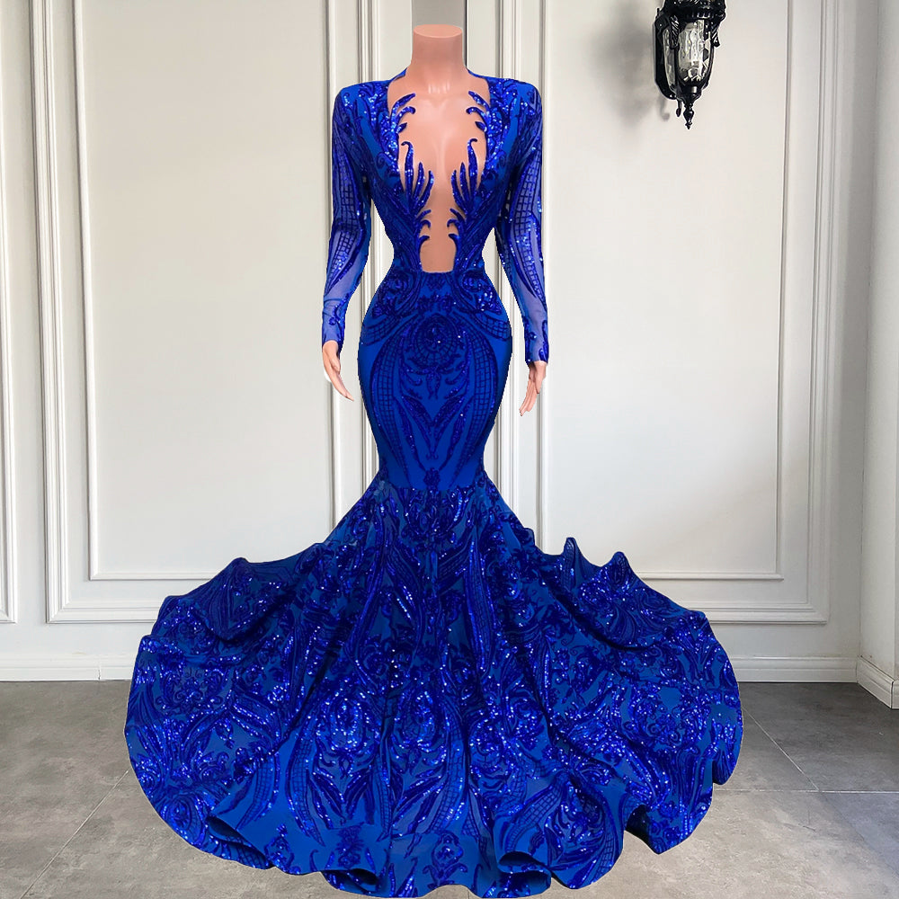 Long Elegant Prom Dresses 2022 Long Sleeve Sheer O-neck Mermaid Style Royal Blue Sequin Prom Party Gowns