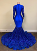 Long Elegant Prom Dresses 2022 Long Sleeve Sheer O-neck Mermaid Style Royal Blue Sequin Prom Party Gowns
