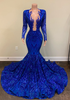 Long Elegant Prom Dresses 2022 Long Sleeve Sheer O-neck Mermaid Style Royal Blue Sequin Prom Party Gowns