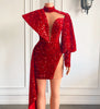 Sparkly High Low Single Long Sleeve High Neck Red Sequin