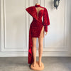Sparkly High Low Single Long Sleeve High Neck Red Sequin