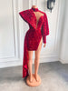 Sparkly High Low Single Long Sleeve High Neck Red Sequin