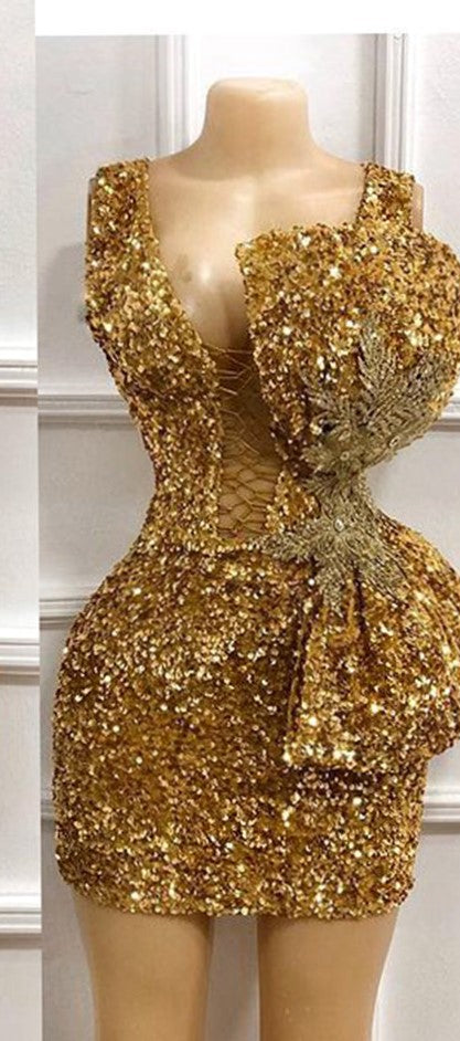 Sparkly Deep V-neck Gold Sequined Bow short Dresses