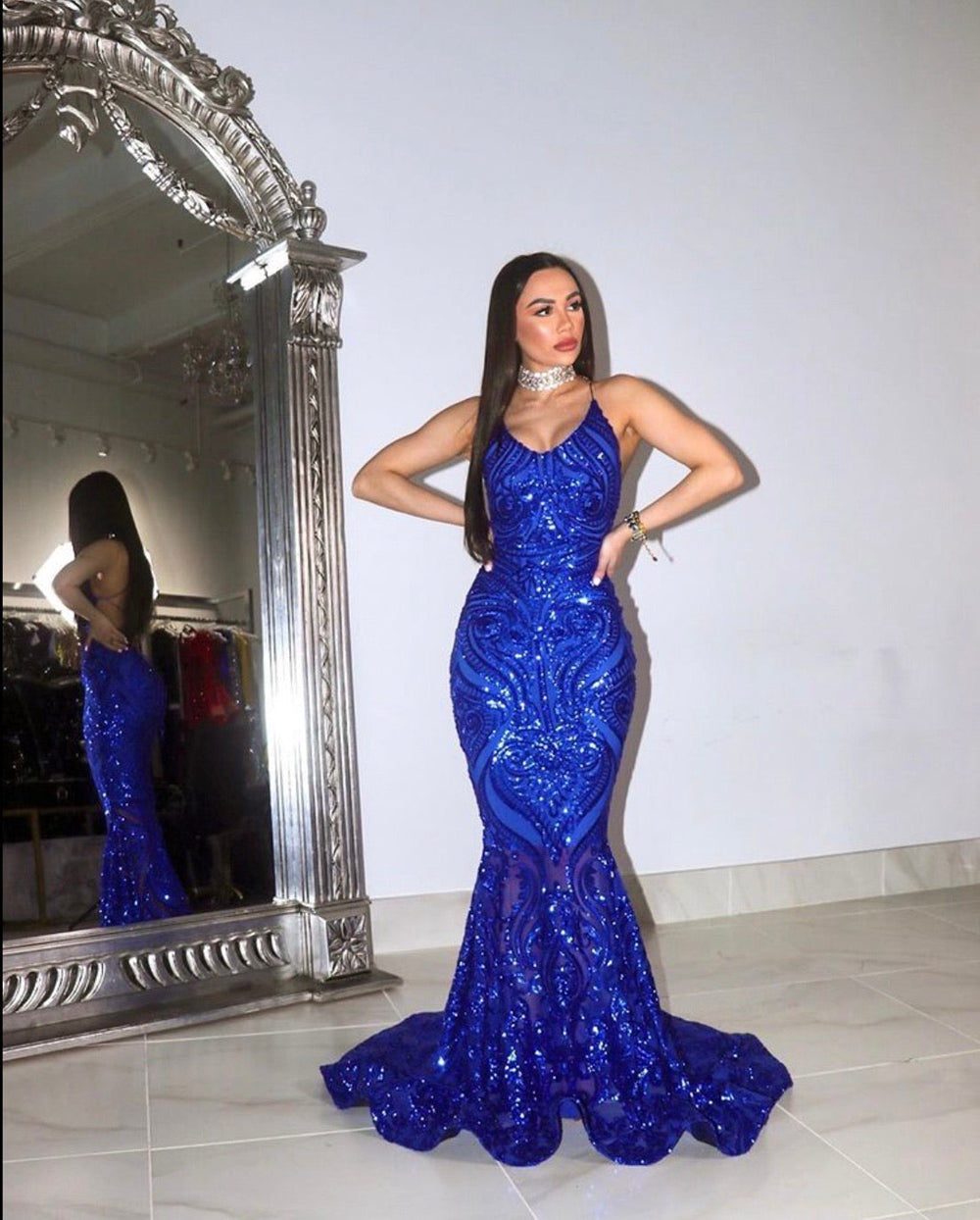 Real Picture Long Elegant Prom Dress 2022 Sexy Mermaid See Through Sparkly Sequin  Backless Prom Gowns