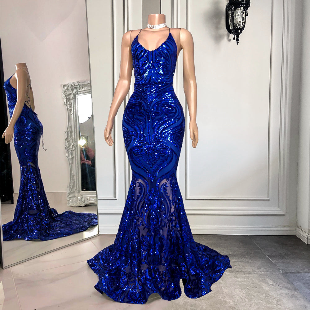 Real Picture Long Elegant Prom Dress 2022 Sexy Mermaid See Through Sparkly Sequin  Backless Prom Gowns