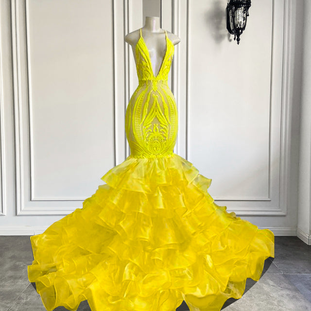 Sexy V-neck Mermaid Ruffle Yellow Organza Sparkly Sequin Long Prom Dresses 2022