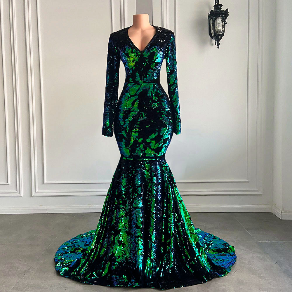 Long Mermaid Prom Dresses 2022 Sparkly Sequin Long Sleeve V-neck Emerald Green Party Dress