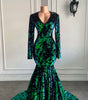 Long Mermaid Prom Dresses 2022 Sparkly Sequin Long Sleeve V-neck Emerald Green Party Dress