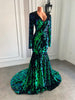 Long Mermaid Prom Dresses 2022 Sparkly Sequin Long Sleeve V-neck Emerald Green Party Dress