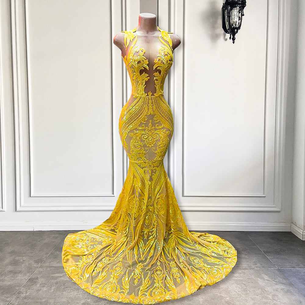 Real Long Elegant Prom Dresses 2022 Fitted Sheer O-neck Mermaid Sparkly Sequin Yellow  Prom Gala Gowns