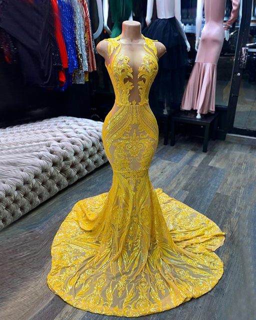 Real Long Elegant Prom Dresses 2022 Fitted Sheer O-neck Mermaid Sparkly Sequin Yellow  Prom Gala Gowns