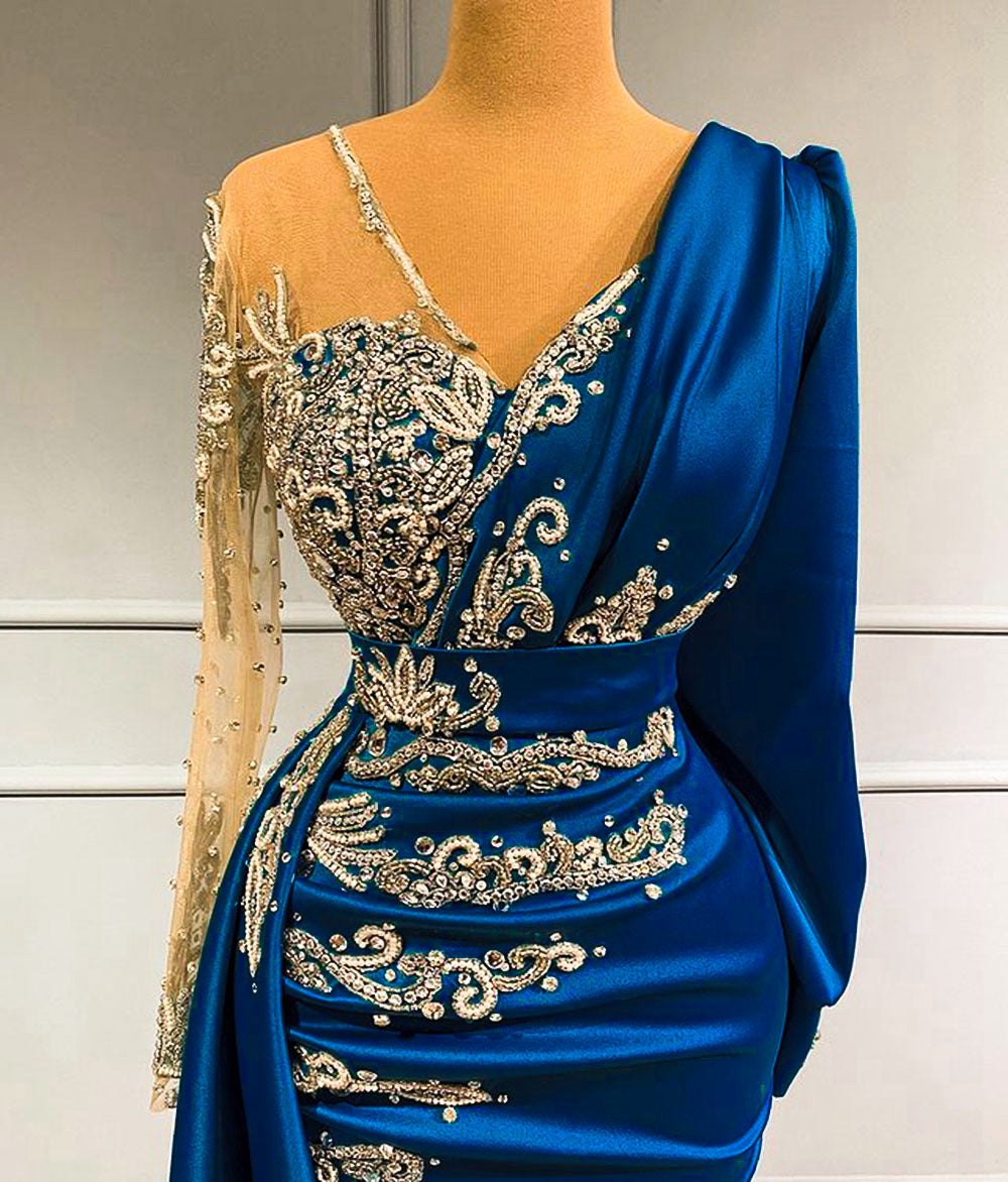 Luxury Long Sleeve Evening Dresses  Sparkly Crystals Elegant Mermaid Royal Blue Satin Dubai Women Formal Party Evening Gowns