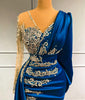 Luxury Long Sleeve Evening Dresses  Sparkly Crystals Elegant Mermaid Royal Blue Satin Dubai Women Formal Party Evening Gowns
