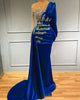 Luxury Long Sleeve Evening Dresses  Sparkly Crystals Elegant Mermaid Royal Blue Satin Dubai Women Formal Party Evening Gowns