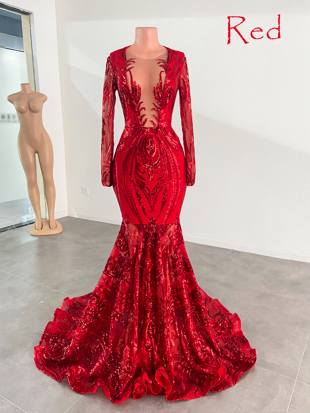 Long Elegant Prom Dresses 2022 Long Sleeve Sheer O-neck Mermaid Style Royal Blue Sequin Prom Party Gowns