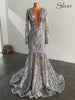 Long Elegant Prom Dresses 2022 Long Sleeve Sheer O-neck Mermaid Style Royal Blue Sequin Prom Party Gowns